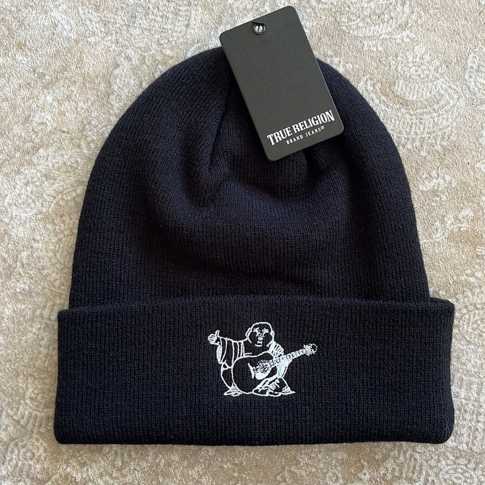 Brand New True Religion Black Knit Beanie Cap Stretch Cuffed Hat Embroidered